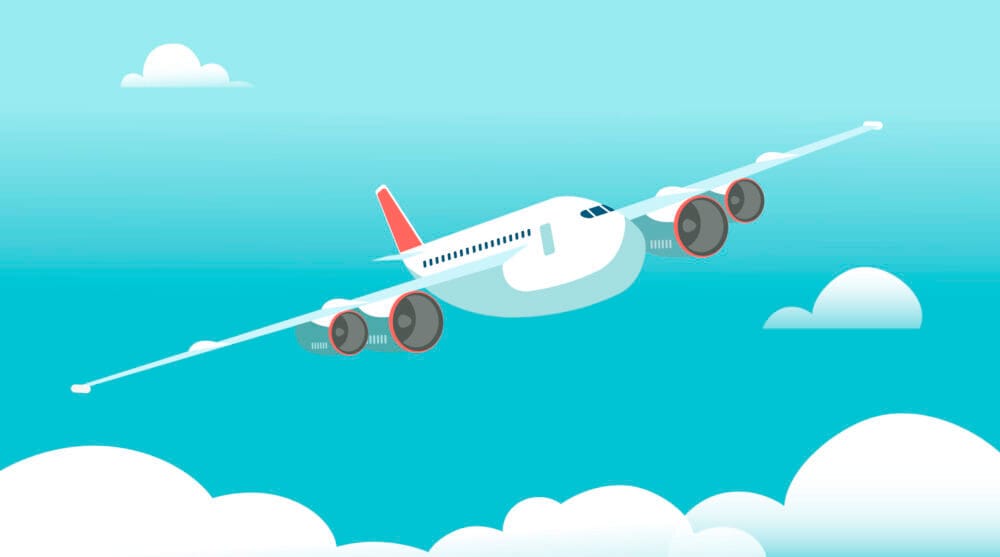 Airplane in flight with white clouds and blue sky background. Vector illustration